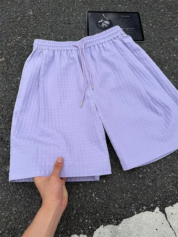 

Lightweight Breathable Summer Beach Plaid Shorts Men's Quick Dry Bubble Cloth Pants Couple's Loose Fit Straight Leg Trousers