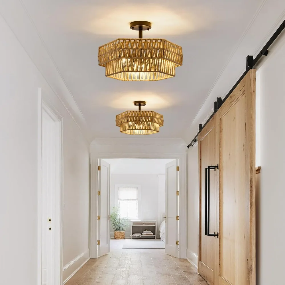 ريفي بوهو 3-Light شبه فلوش جبل تركيبات السقف مع حبل القنب المنسوج وتصميم سداسية مزدوجة #3