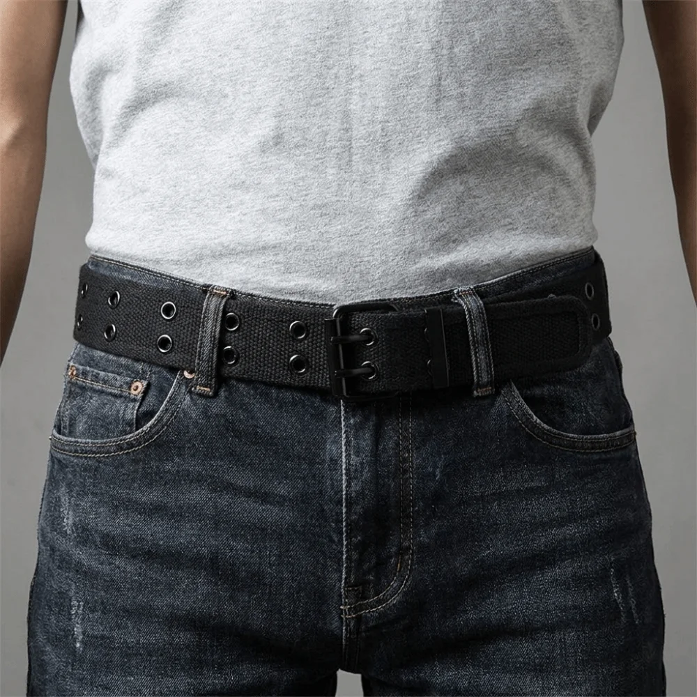 Double Row Canvas Waist Belt Metal Buckle Needle Buckle Men's Belt Korean Style Woven Double Row Buckle Belt Outdoor Activities