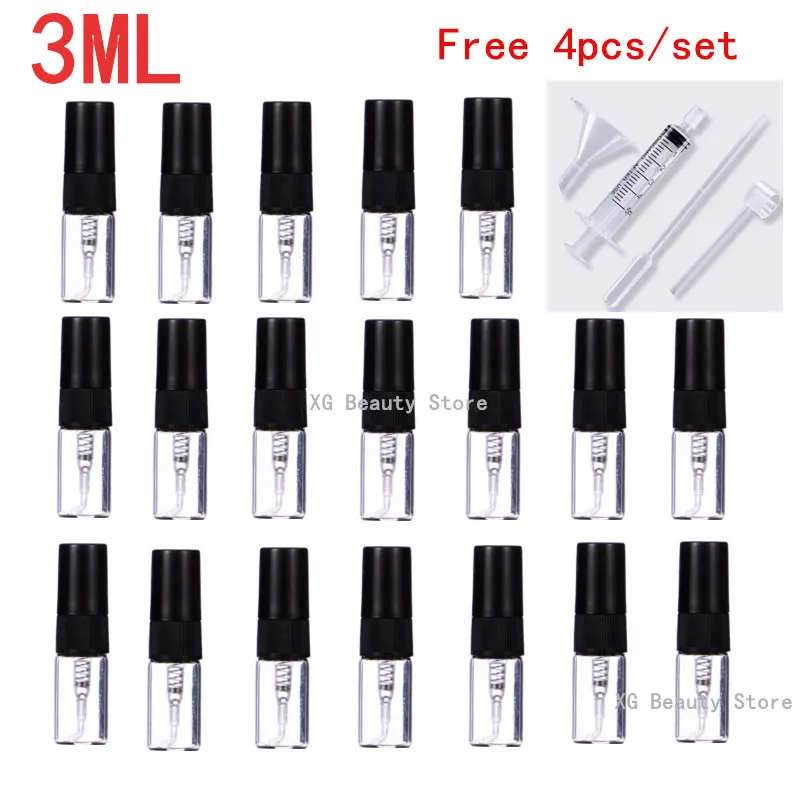 5/10/50/100PCS 3ML Black Refillable Bottle Glass Spray Bottle With 4 Accessories , 1 Dropper, 1 Funnel, 1 Dispenser, 1 Syringe ﻿