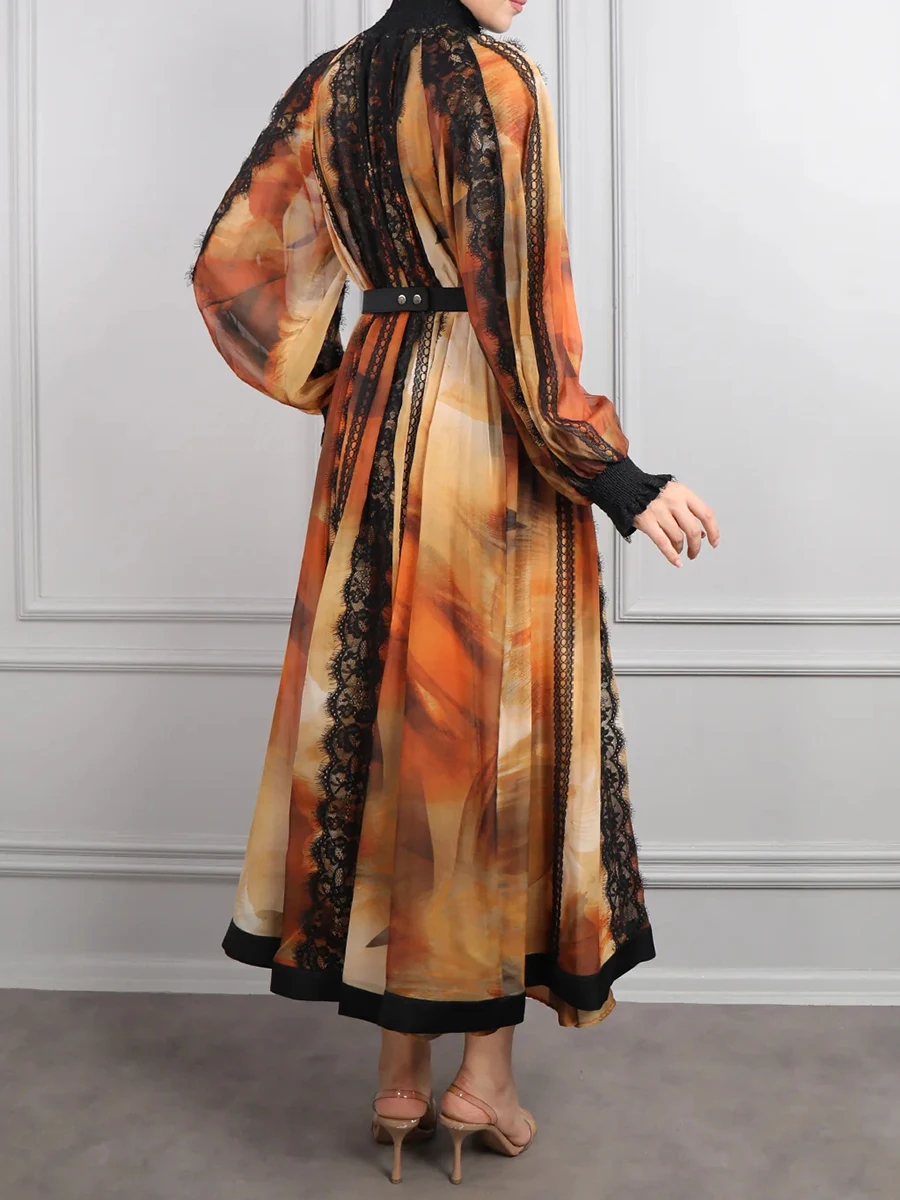TWOTWINSTYLE Hit Color Spliced Belt Elegant Dresses for Women High Neck Long Sleeves Patchwork Lace Sheer Dress Female Clothing