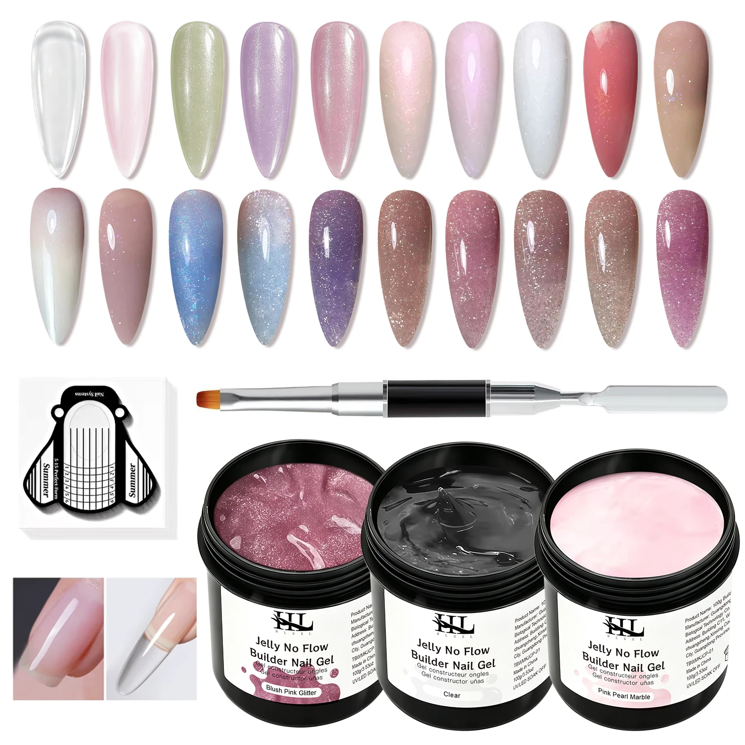 Jelly No Flow Builder Nail Gel Kit, 3 Colors Solid Builder Gel for Nail Extension, Non-Sticky Hard Gel with Nail Mold & Brush