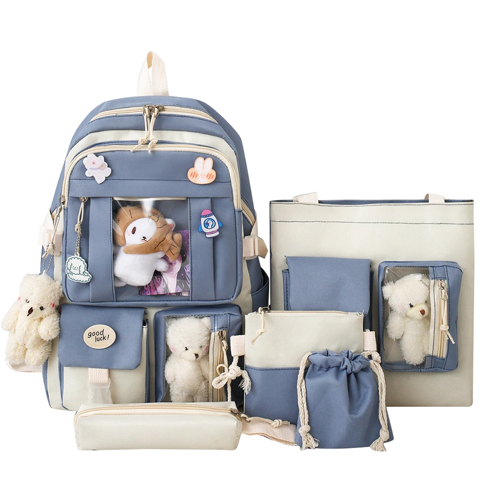 Set da 5 pezzi Zaino per ragazze Kawaii per borsa da scuola per studenti Zaino per ragazze per adolescenti Borse per libri Astuccio per donne Zaino da viaggio Tote