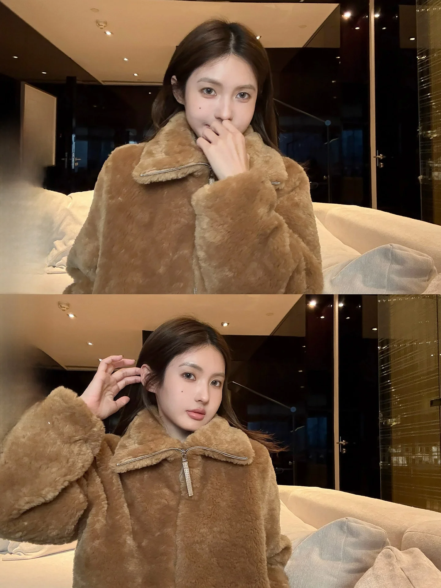 

NingSi Long Sleeve Furry Jacket Women's Casual Loose Warm Outerwear Stand Collar Double Zipper Autumn Winter New Style