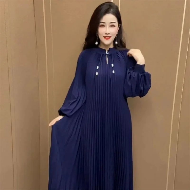 High End New Style Stand Vp Collar Women's Clothing Pleated and Slimming Mom's Dress Skirt Covering Flesh Simple and Long Style