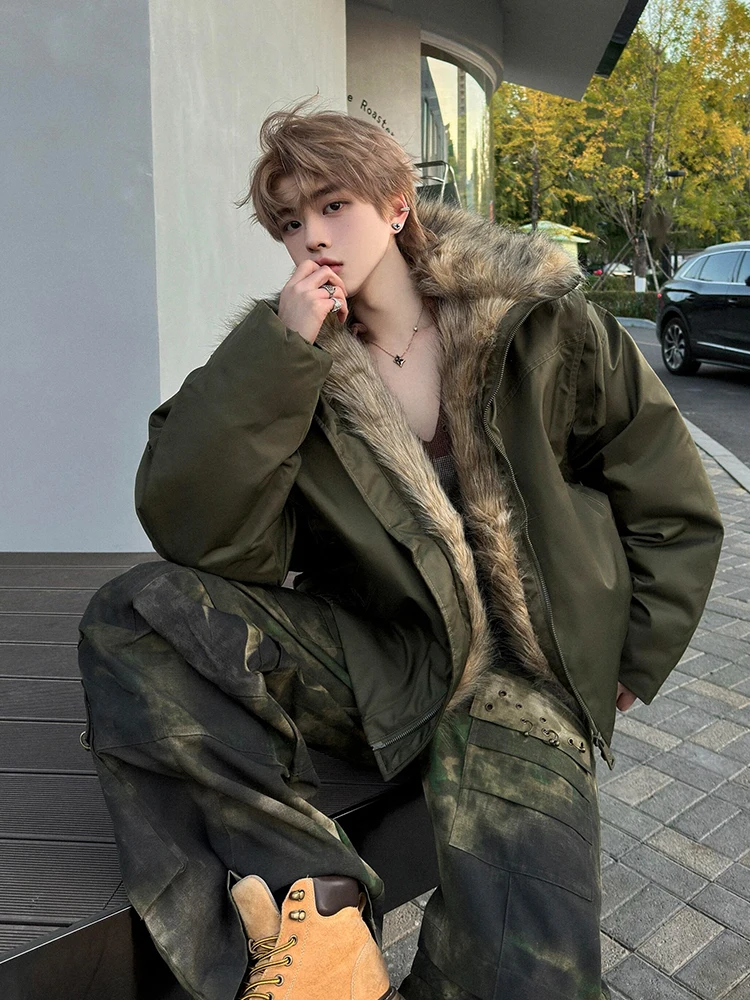 

American Military een Jaet Men's Thiened Winter Coat Fur Collar Stand-up Collar Jaet Faionable Casual Outerwear