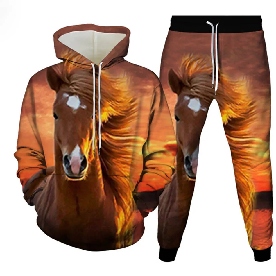 Autunno Animale Cavallo 3D Stampato Felpa con cappuccio Vestito da uomo Felpe Pantaloni sportivi Moda casual Due pezzi Tuta Set Abbigliamento uomo