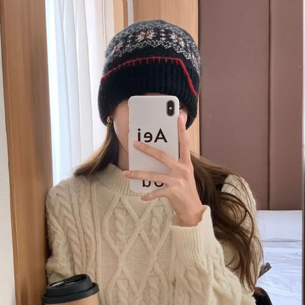 

Ethnic Style Woolen Knitted Pullover Hat Keep Warm Coldproof Jacquard Woolen Hat Solid Color Polyester Beanies Cap Girls