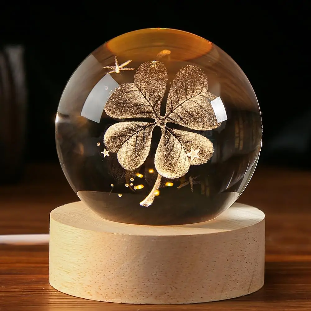 

3D Four Leaf Clover Crystal Ball 6cm Four Leaf Clover Decorative Crystal Sphere with Wood LED Stand Home Decoration Lucky Gifts