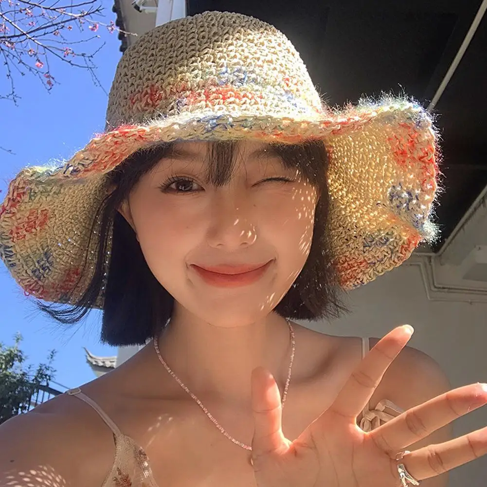 Summer Colorful Woven Straw Sun Hat Women Panama Hat Big Brim Beach Hat Summer Hat Sunscreen Sunshade Cap