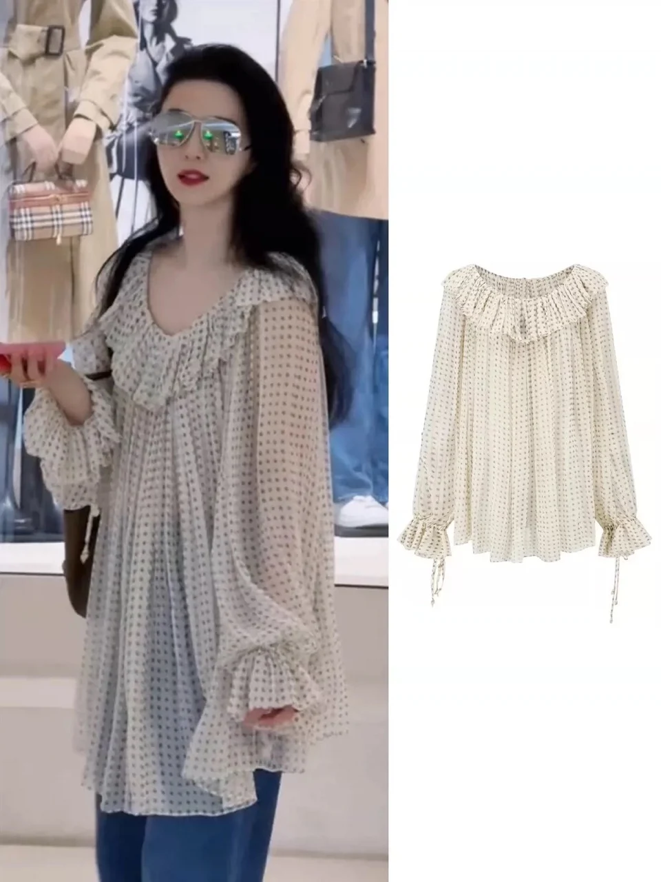 

Vanessa Hudgens Polka Dot White Shirt Women's Loose Summer Top Gentle Style Long Sleeve V-Neck Chiffon Blouse Female Fashion