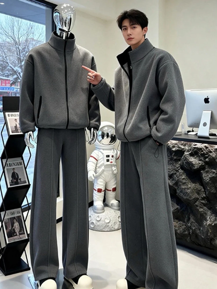 

Thiened Fce Set for Men Loose Fit Stand Collar Sweatirt And Pants Two Piece Set Autumn Winter New Sle