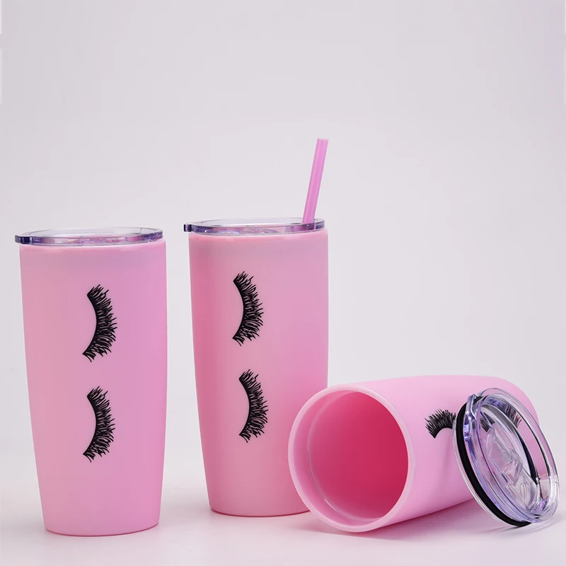 Creative 20oz Pink Eyelashes Juice Water Cup Plastic Travel Car Cup with Lid Straw Double Wall Coffee Cup Drinkware Girls Gift