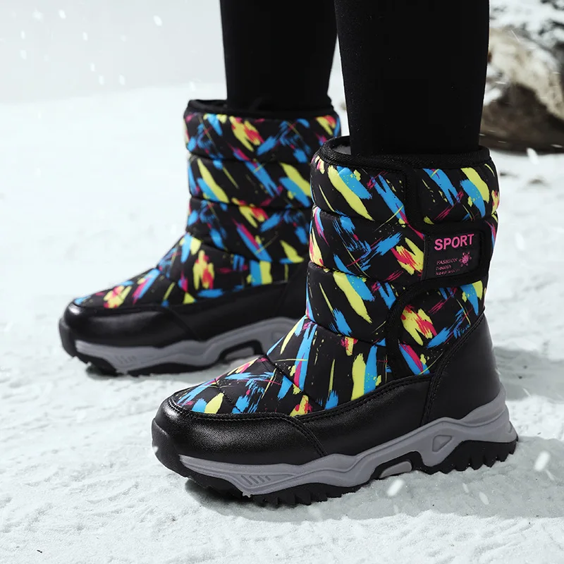 Kids' Snow Boots Color Blocking Fashion PU Leather Winter Shoes For Children Anti-slip Warm Thick Bottom Green Blue Size 21-30