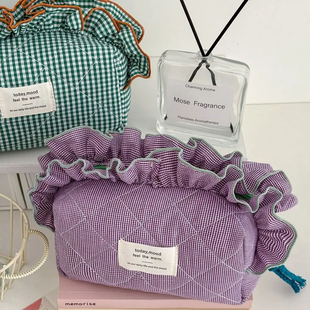Vintage Gingham Cosmetic Makeup Bag Ruffled Edges Organizer Beauty Bags Large Capacity Sweet Pencil Storage Bag Women Travel