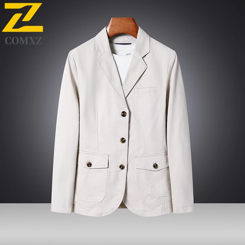 2025 New Autumn Jacket Men's High-end Luxury Pure Cotton Comfortable V-Neck Small Suit Coat Casual Retro Solid Color Trench Coat