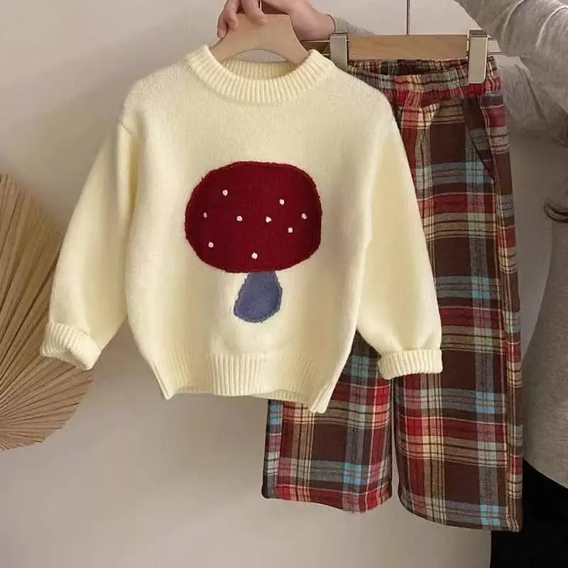 

South Korea Children's Autumn and Winter New Girl's Cartoon Mushroom Thickened Knit Sweater Fashion Plaid Pants With Velvet