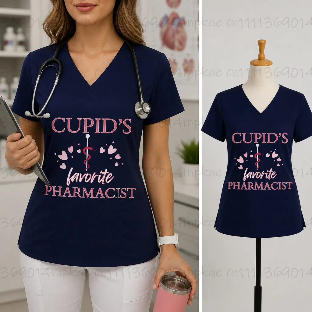 Women's V-neck Short-sleeved Frosted T-shirt, Beauty Salon Frosted Top, Cartoon Animal Print Women's Work Uniform