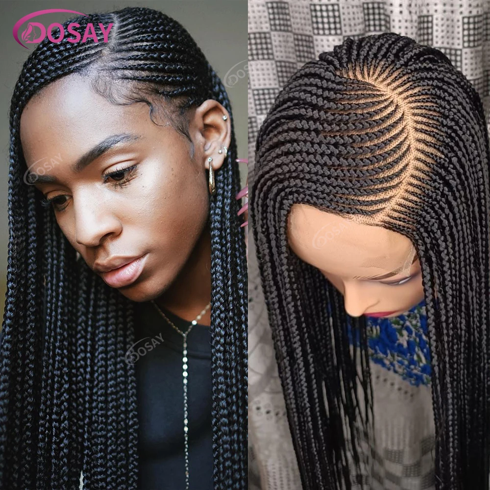 Wig Kepang Cornrows Bagian Samping 36 "Wig Kepang Depan Renda Penuh Tanpa Simpul Sintetis untuk Wanita Kulit Hitam Wig Kepang Kotak Tanpa Lem
