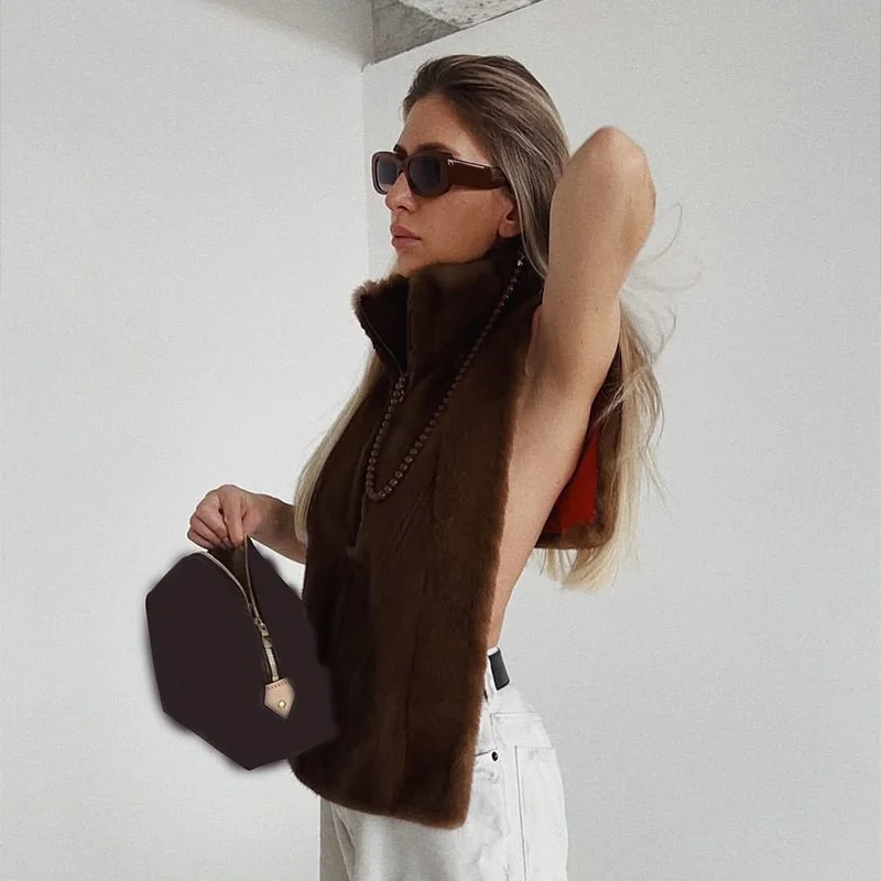 Women's Solid Faux Fur Vest Chic High Collar Sleeveless Zipper Cropped Waistcoat 2026 Autumn Winter Lady Daily Street Soft Coat
