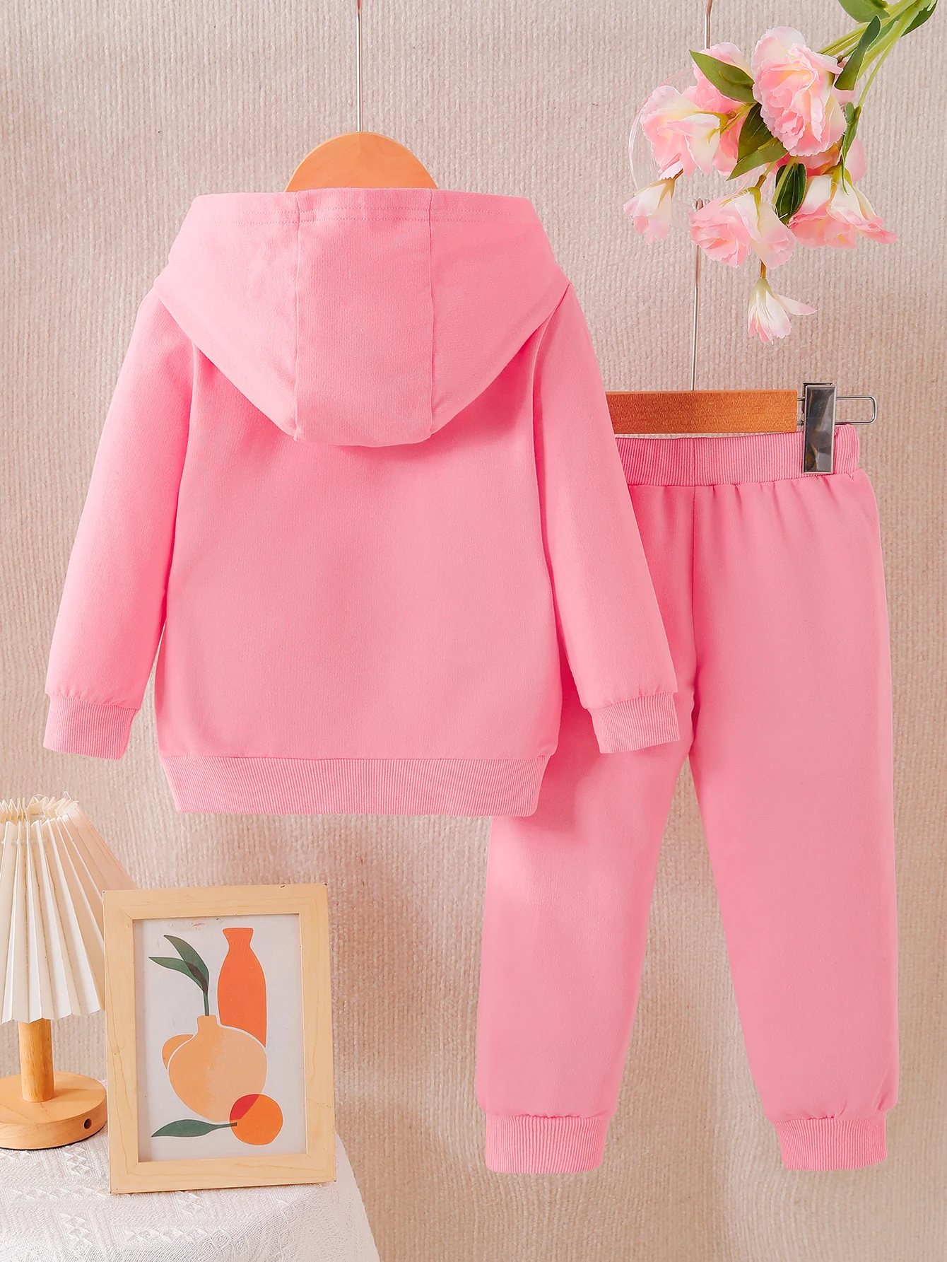 Girls Spring Autumn Peach Pink Rabbit Apple Embroidered Hoodie Pants Set Toddler Kids Clothing Two-Piece Outfit