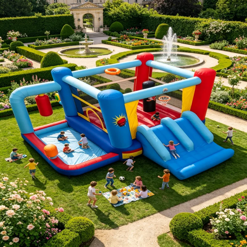 Castillo Inflable con Toboganes Dobles, Piscina de Pelotas, Aro de Baloncesto, Saco de Boxeo, Soplador de 550W, Malla de Seguridad, Parque Infantil Exterior para Niños