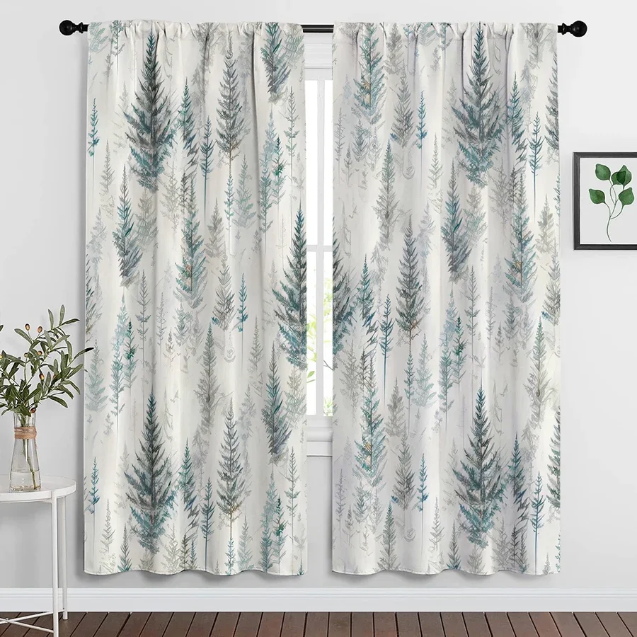 Elegant Woodland Pine Tree Print Curtains for Living Room Bedroom Home Decor Light Filtering Panels