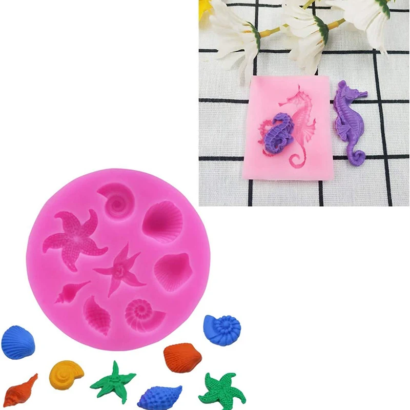 Marine Theme Fondant Mold 3D Mermaid Tail Seashell Seahorse Seaweed Turtle Dolphin Cake Decorating Tools Cupcake Topper Kitchen