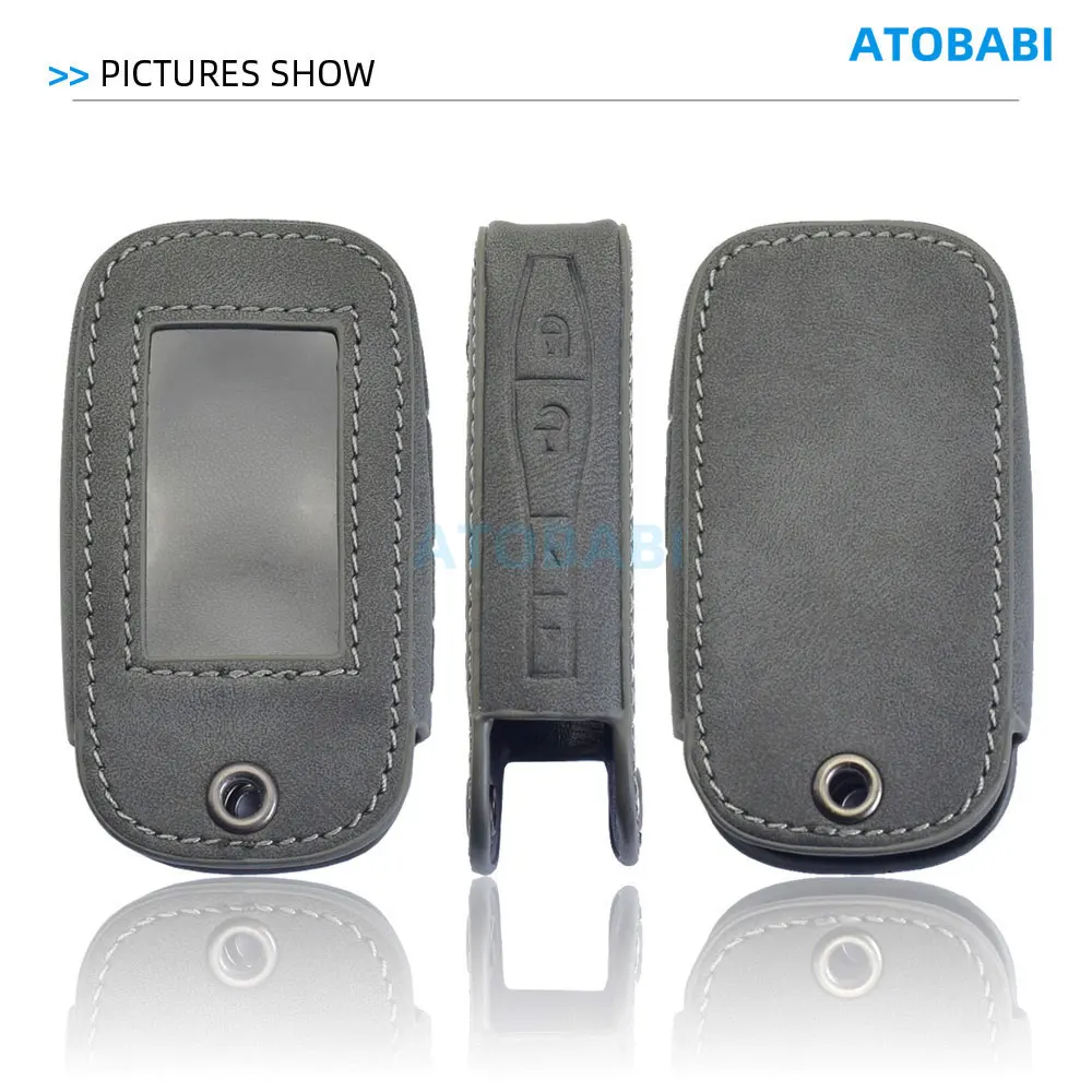 Graue Leder-Autoschlüsselhülle für StarLine E90 E60 E63 E93 E95 E66 E96 E65 E61 E91 Zwei-Wege-Auto-Alarmsystem LCD-Fernbedienung Fob-Hülle – Detail 4