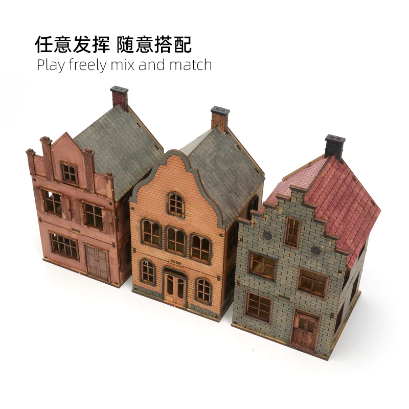 Combinación de casa europea, escena arquitectónica, modelo de ensamblaje tridimensional de madera, regalo hecho a mano, 1/72