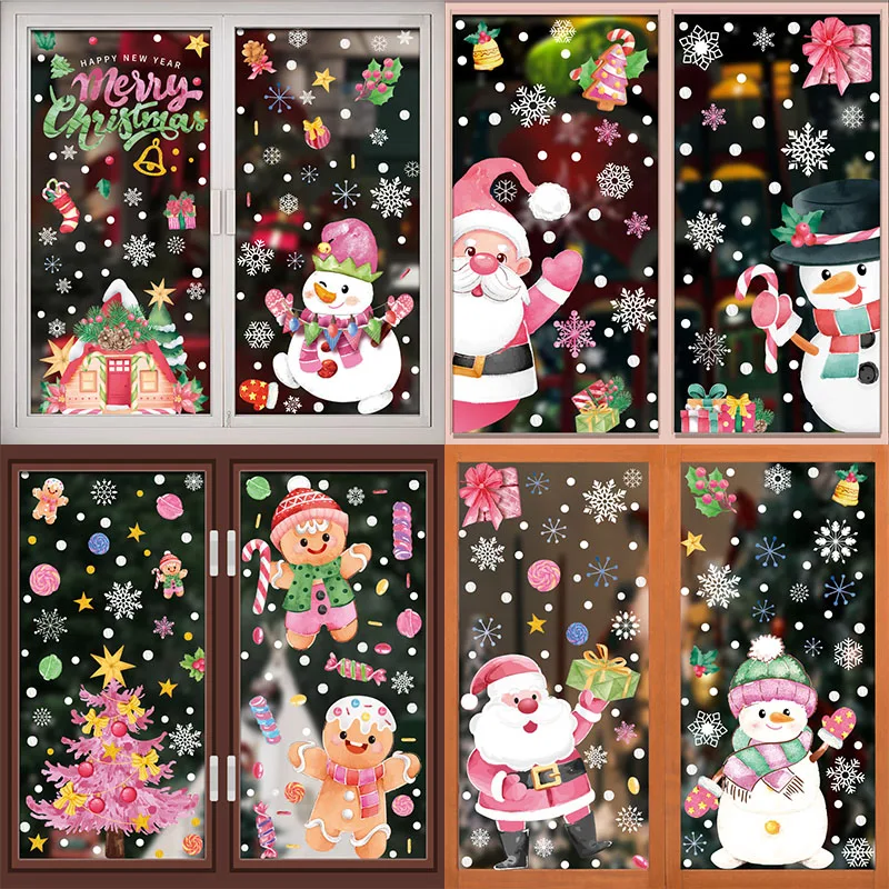 Christmas Pink Window Stickers Santa Claus Snowman Reindeer Glass Stickers Decal Merry Christmas Home Decor 2024 New Year Gifts