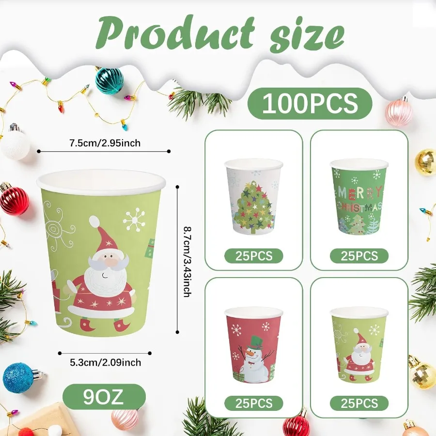Disposable Paper Cups 9oz 100 Pack Set with Cartoon Santa Claus and Snowman Design Thickened Paper Material for Hot and Cold Be
