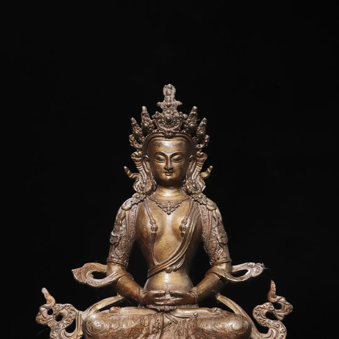 Longevity Buddha Amitayus Pure Brass Antique Gold Plated Tibetan Buddhist Home Temple Desk Decor