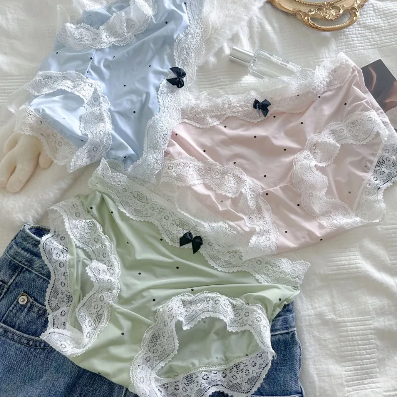 SP & CITY ฤดูร้อน Vintage Dots ลูกไม้หวานกางเกงผู้หญิงกลางเอวผ้าฝ้ายผ้าไหมน้ําแข็ง Breathable ชุดชั้นในกางเกงไม่มีรอยต่อ