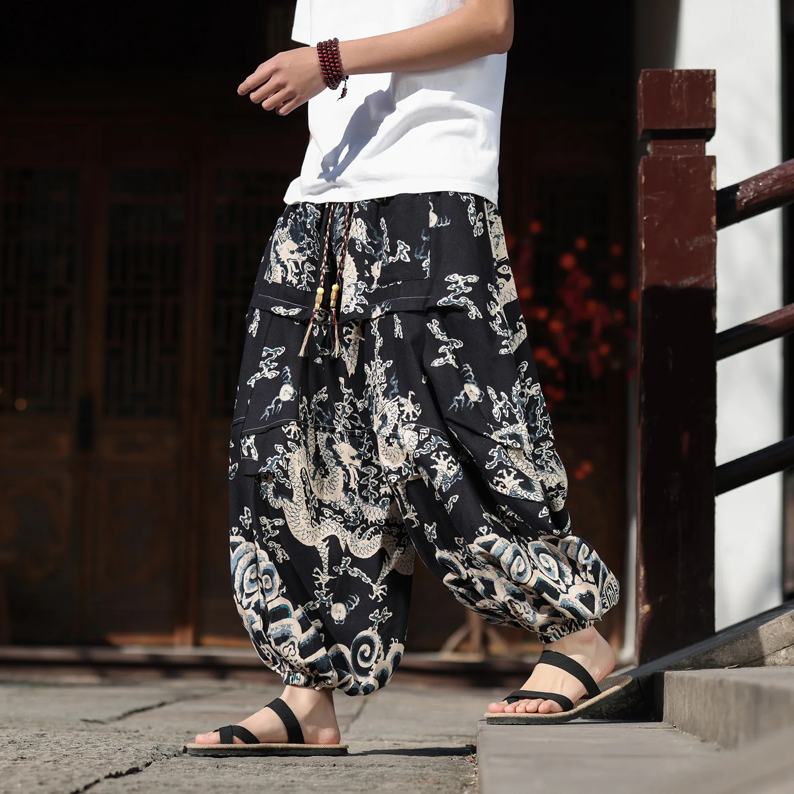 Spring Summer Men Cotton Drapey Pants Men Dragon Print Loose Casual Wide Leg Pants Male Vintage Lightweight Lantern Trousers