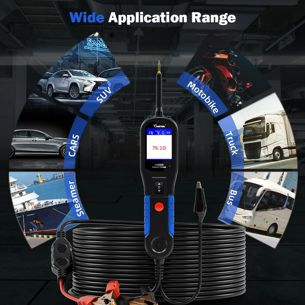 VDIAGTOOL V200 6V-30V Circuit Tester Build-in Flashlight Power Probe Relay Tester 20FT Extension Cable Automotive Current Tester