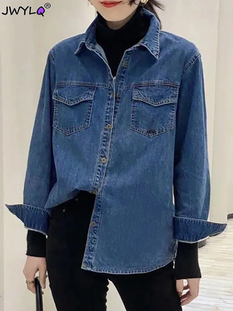 

Korean Fashion Denim Long Sleeve Shirt Office Lady Female Oversized Women Blouses Shirts 2023 Spring Vintage Elegant Lady Tops