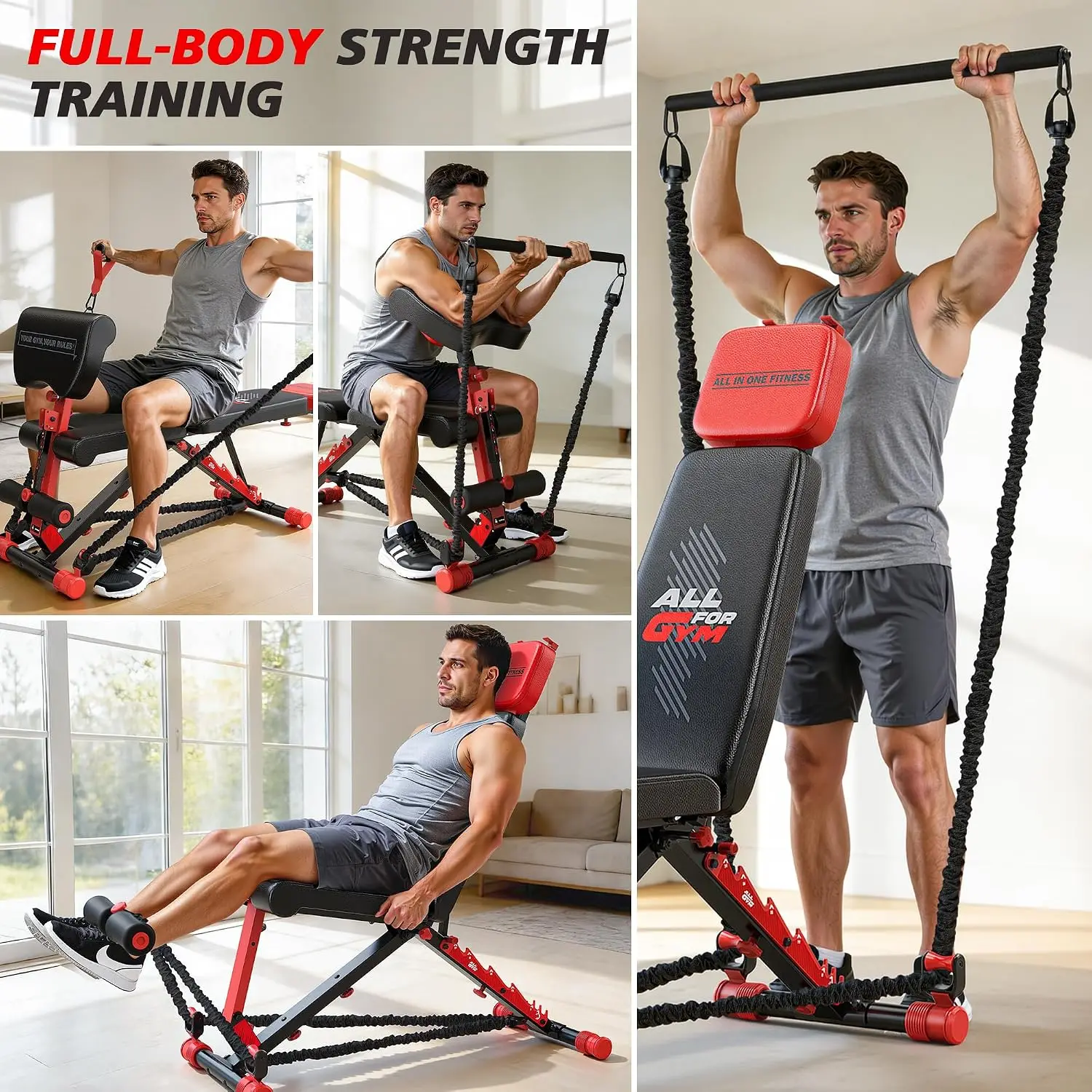 Workout Bench, Foldable Weight Bench with Variable Resistance Set, 880LBS Adjustable, Leg Extension & Curl Training