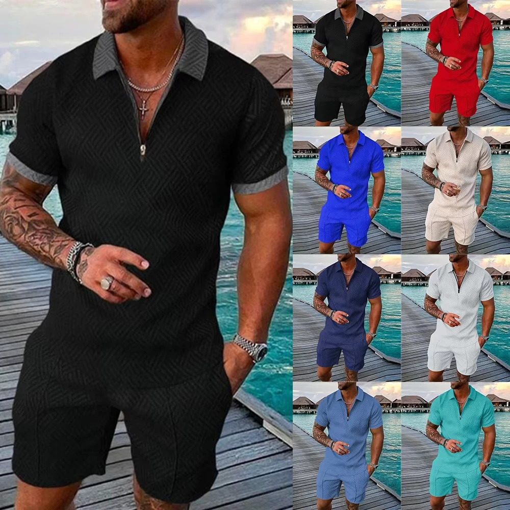 Men\'s Athletic T-Shirt Set Casual Mesh Lapel Short Sleeve Pullover Tops+Shorts 2-Piece Solid Thin Sporty Suits Black 2pcs Sets