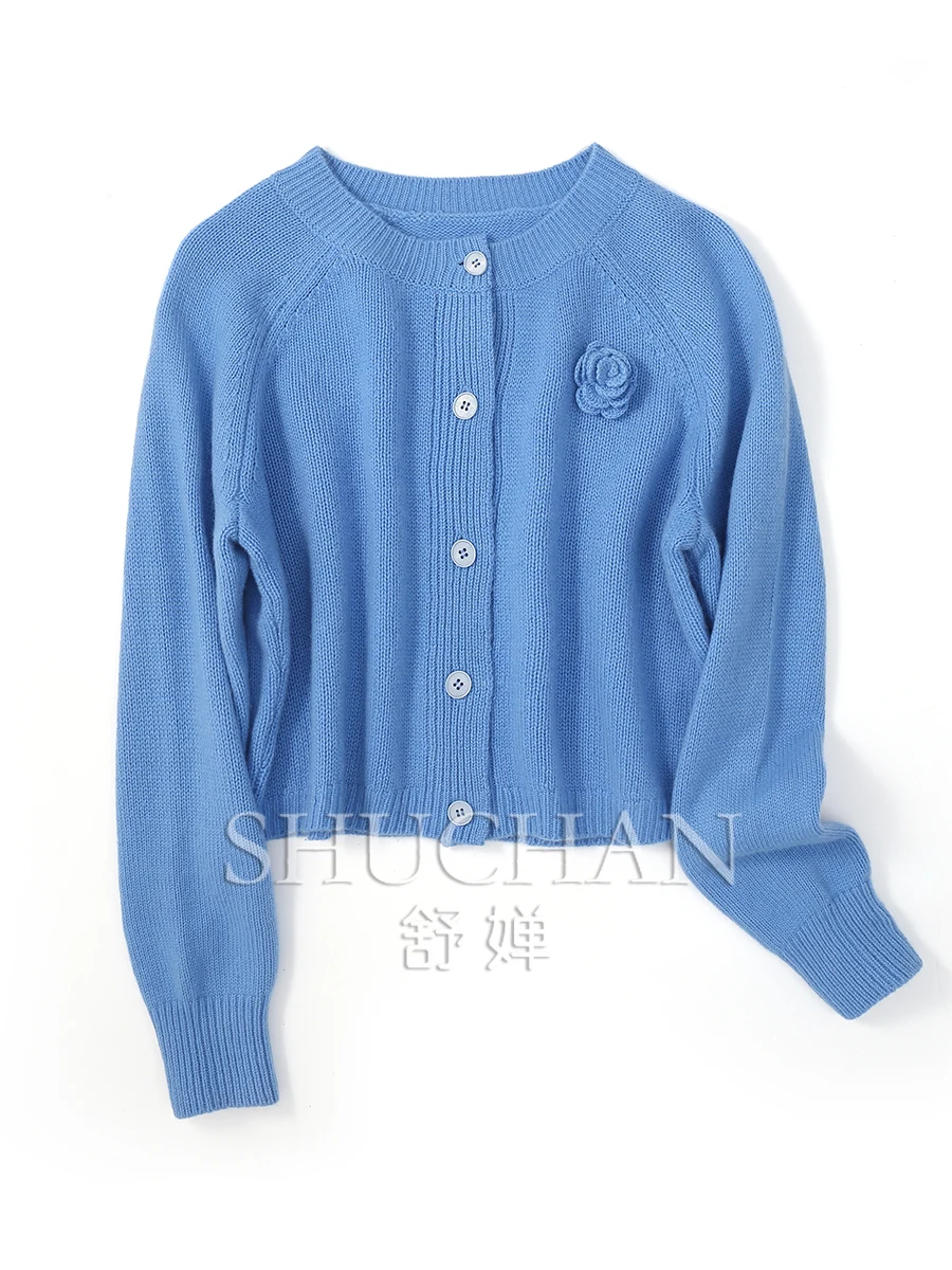 Export Italian Order! Pure 100% Cashmere Cardigan Women's Crew Neck Short Knitted Sweater Cardigans