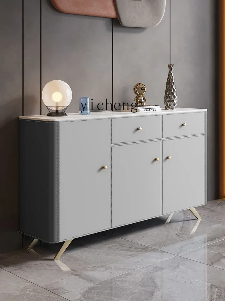 XL Saddle Leather Stone Plate Sideboard Cabinet Multi-Functional Solid Wood High-Leg Entrance Locker