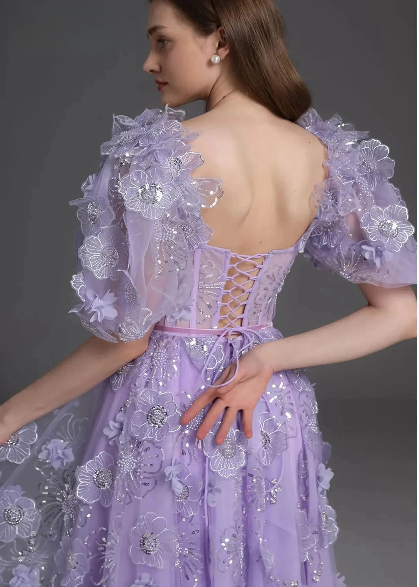 Vestido largo de fiesta con lentejuelas florales en 3D, mangas abullonadas, apliques brillantes, bata de fiesta hasta el suelo, ocasión especial personalizada