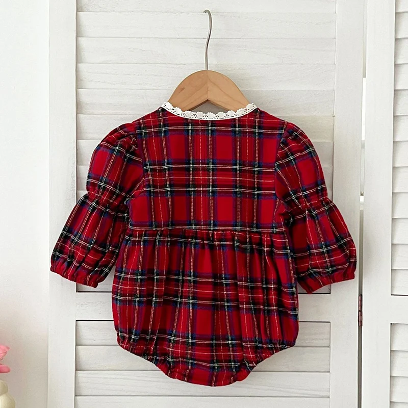 Neue Weihnachten Kleinkind Baby Mädchen Strampler Lange Ärmel Grid Strampler Herbst Neugeborenen 0-24M Spleißen Infant Baby mädchen Rot Overall – Detail 12