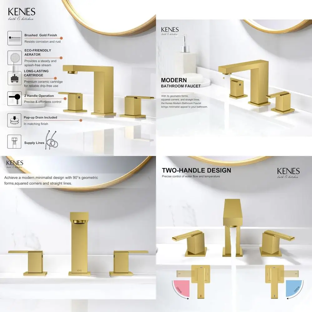 

3-Hole Brushed Gold Bathroom Sink Faucet with 2 Handles, 8 Spout, Pop-Up Drain & Supply Lines