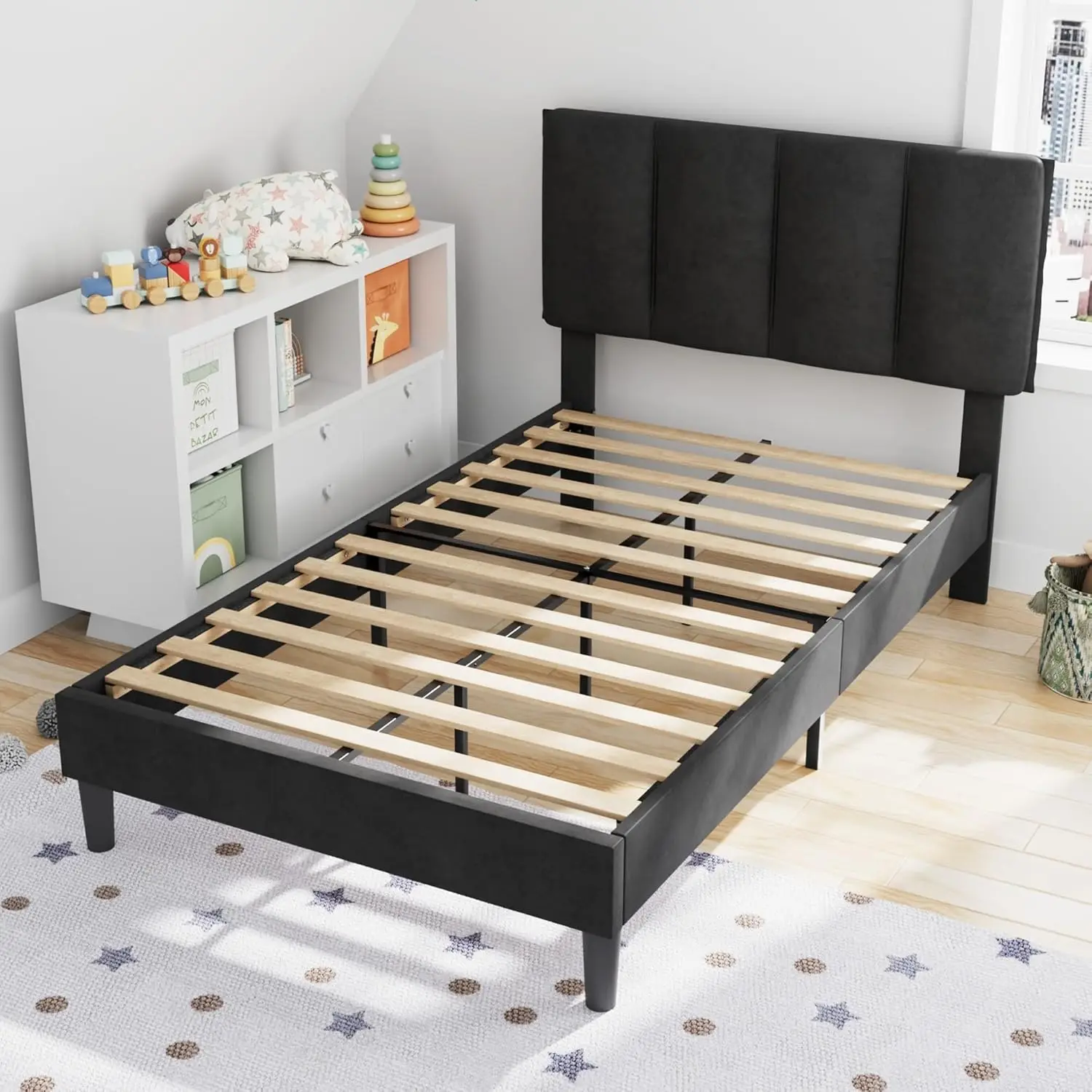 Twin Bed Frame with Upholstered Headboard, Platform Mattress Foundation with Strong Wooden Slats Support, No Boxing Spring Neede