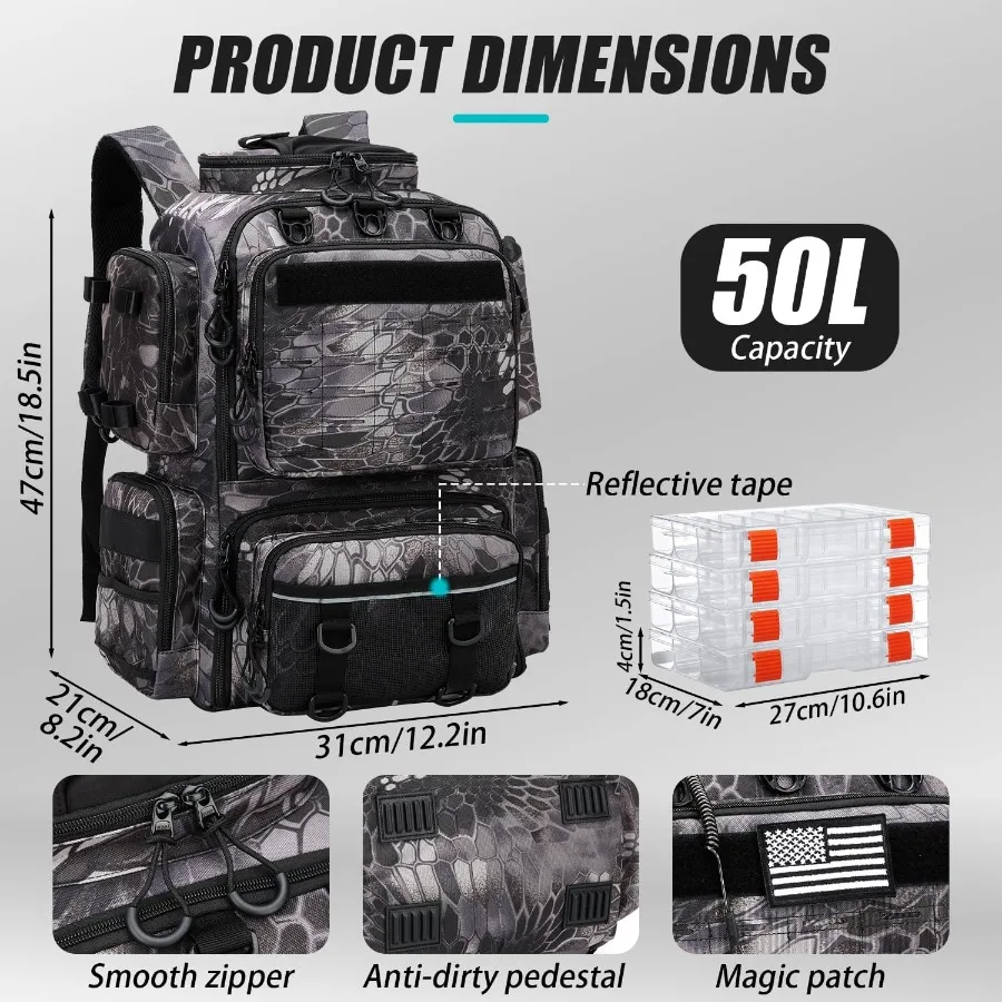 กระเป๋าเป้ตกปลาแบบยุทธวิธี ทนทาน พร้อมกล่องใส่อุปกรณ์ ที่วางคันเบ็ด ที่ใส่ขวดน้ำ ความจุ 50 ลิตร กระเป๋าใส่อุปกรณ์ตกปลาขนาดใหญ่ จัดเก็บอุปกรณ์และเครื่องมือ