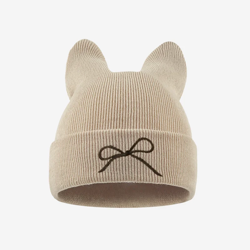 1-3Y Toddler Cat Ear Knit Beanie, Bowknot Embroidery Kids Winter Hat, Sweet Casual Headwear for Daily Wear view 5
