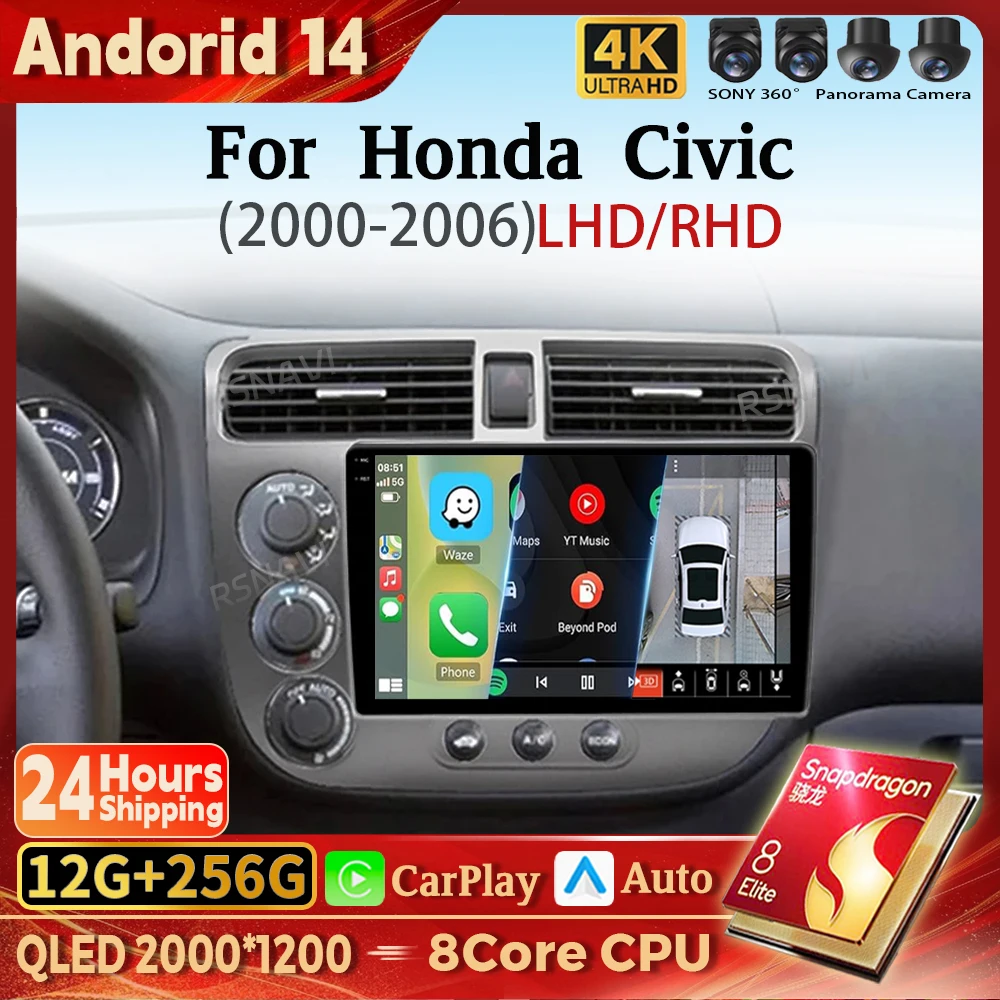 

Android 14 Carplay Auto Car Radio Multimedia Player For Honda Civic 7 2000-2006 Navigation Autoradio GPS Stereo 2din Head Unit