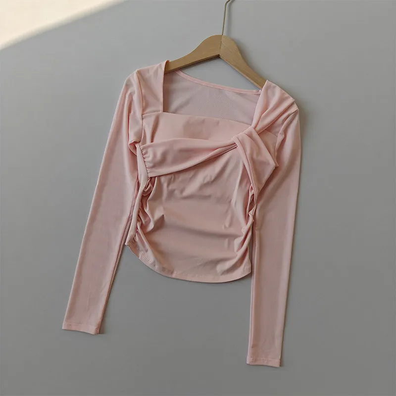 Damen Herbst-Winter Yoga Mesh Atmungsaktives Lauf-Sport-Langarm-Crop-Top mit Brustpolstern, Hochwertige Fitness-Oberteile – Detail 9