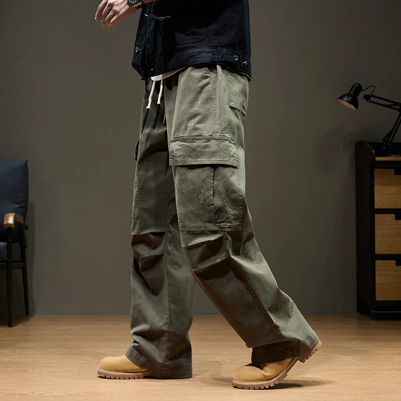 Baggy Wide-leg Cargo Pants Men's 100% Cotton Multi-pocket Splicing Outdoor Loose Straight Autumn Trousers Fashion Streetwear